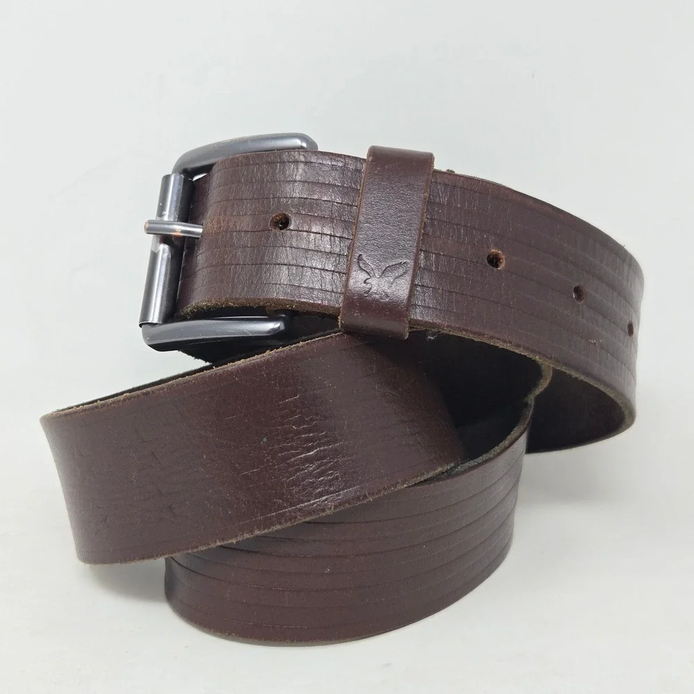 American Eagle Mens Brown Leather Belt Stars‎ and Stripes Embossed Size 36-38